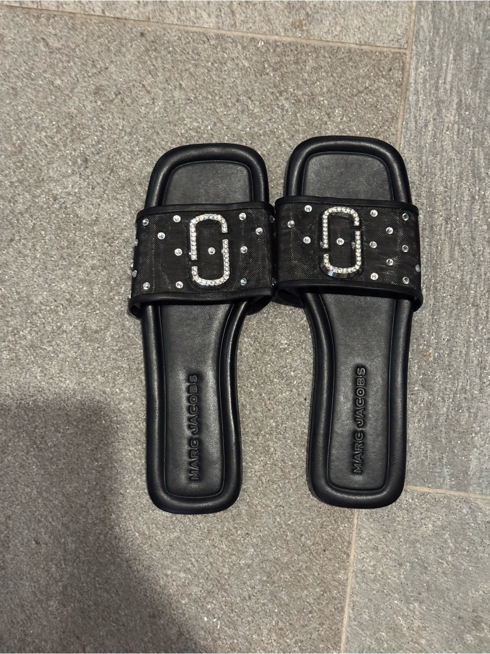 Marc Jacobs Black Crystal Logo Slide Sandals
